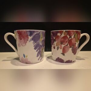 Double Blue 2 Bone China Mugs Watercolor Flowers & Fruit 10 Oz